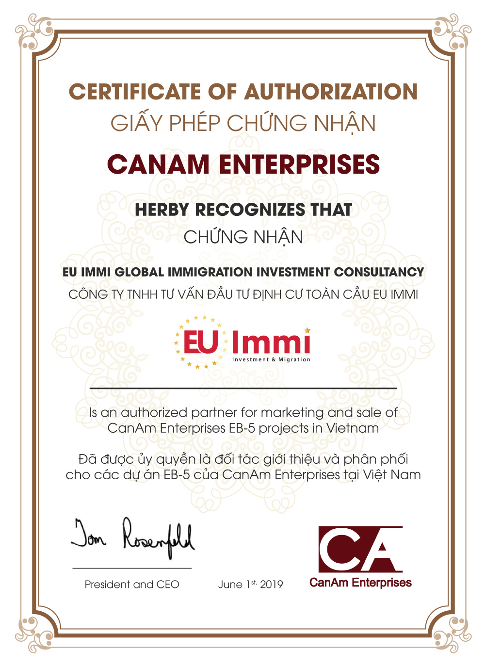 Chứng nhận EU Immi là đơn vị chính thức phân phối các dự án EB-5 của CanAm