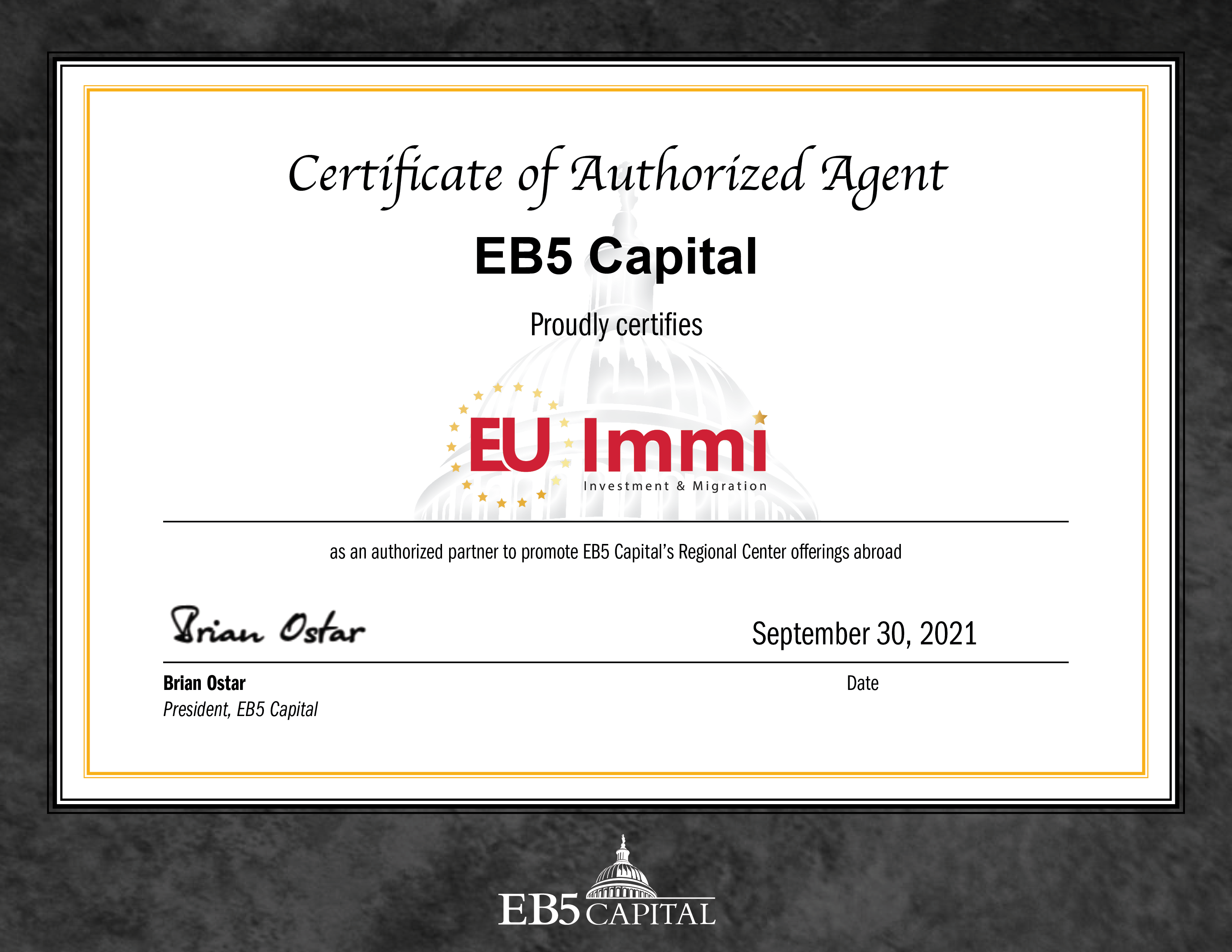 Chứng nhận EU Immi là đơn vị chính thức phân phối các dự án của EB5 Capital